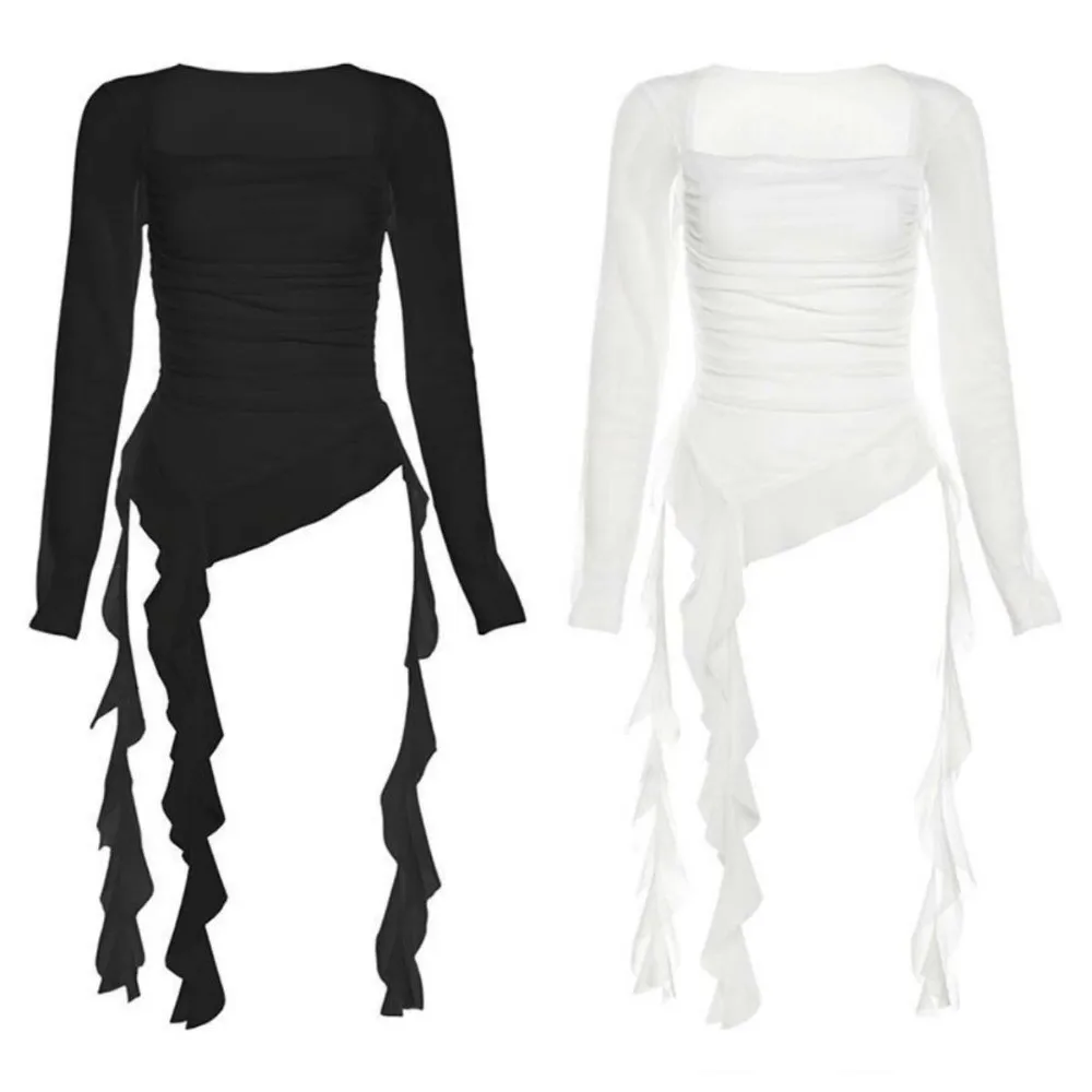 Streetwear Quallen-Mesh-Gürtel T-Shirt Elfen-Langarmshirt mit Plissiertem Kragen, Schmal Geschnittenes Crop-Top, Transparent, Außergewöhnlich – Detail 2