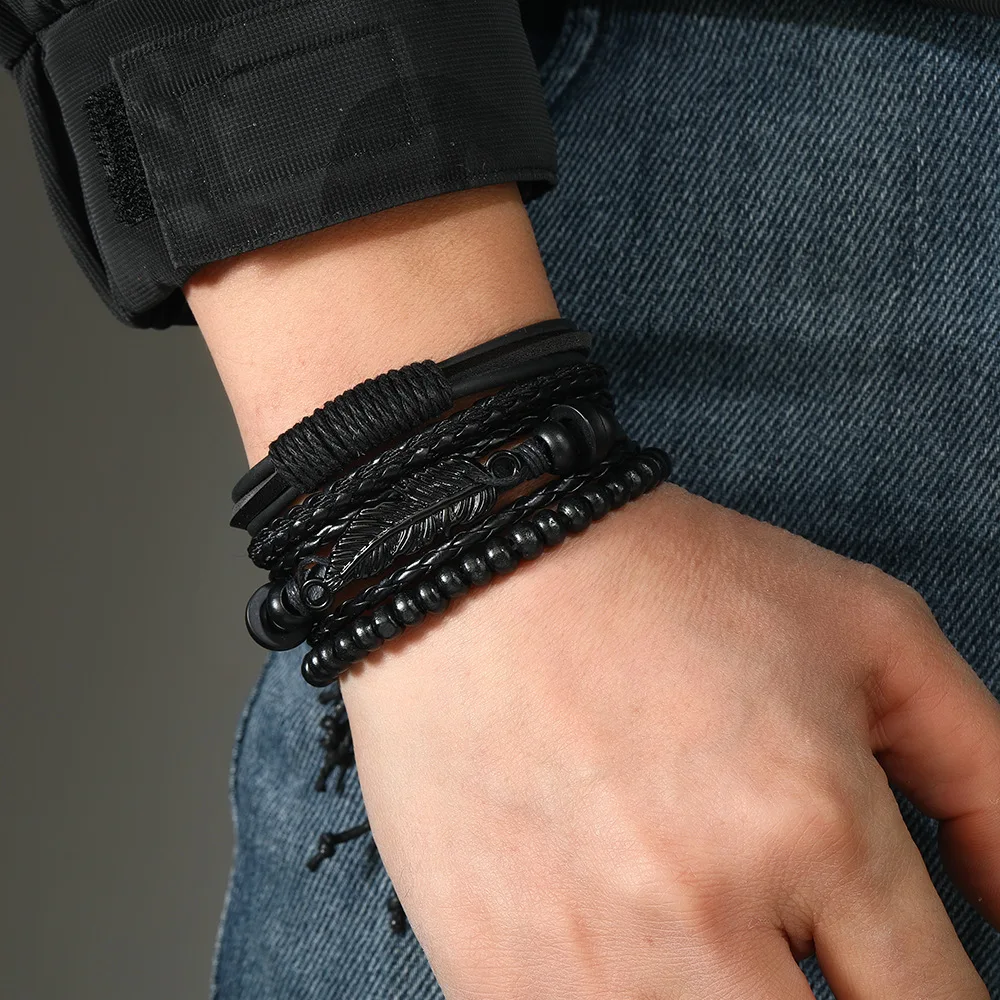 Leather Bracelet For Men Diablo Feathery Personality Bracelet, Handmade DIY Multi-layer Braided Leather Bracelet For Men