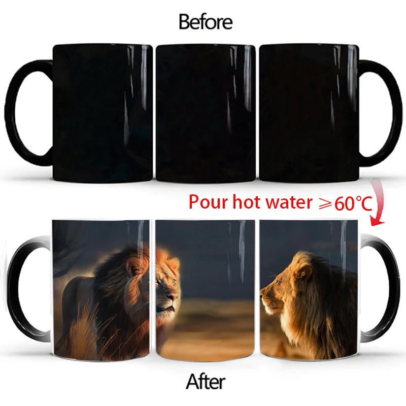 Dropshipping Coffee Mugs Creative Animals Lion Tiger Color Changing Milk Tea Cup Ceramic Magic Heat Sensitive Mug Dad Gifts