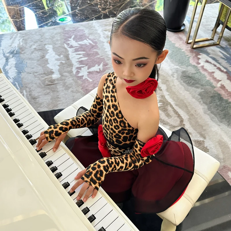 

Детские костюмы для латинских танцев для девочек, детские костюмы для выступлений с леопардовым принтом, костюмы для тренировок и тренировок