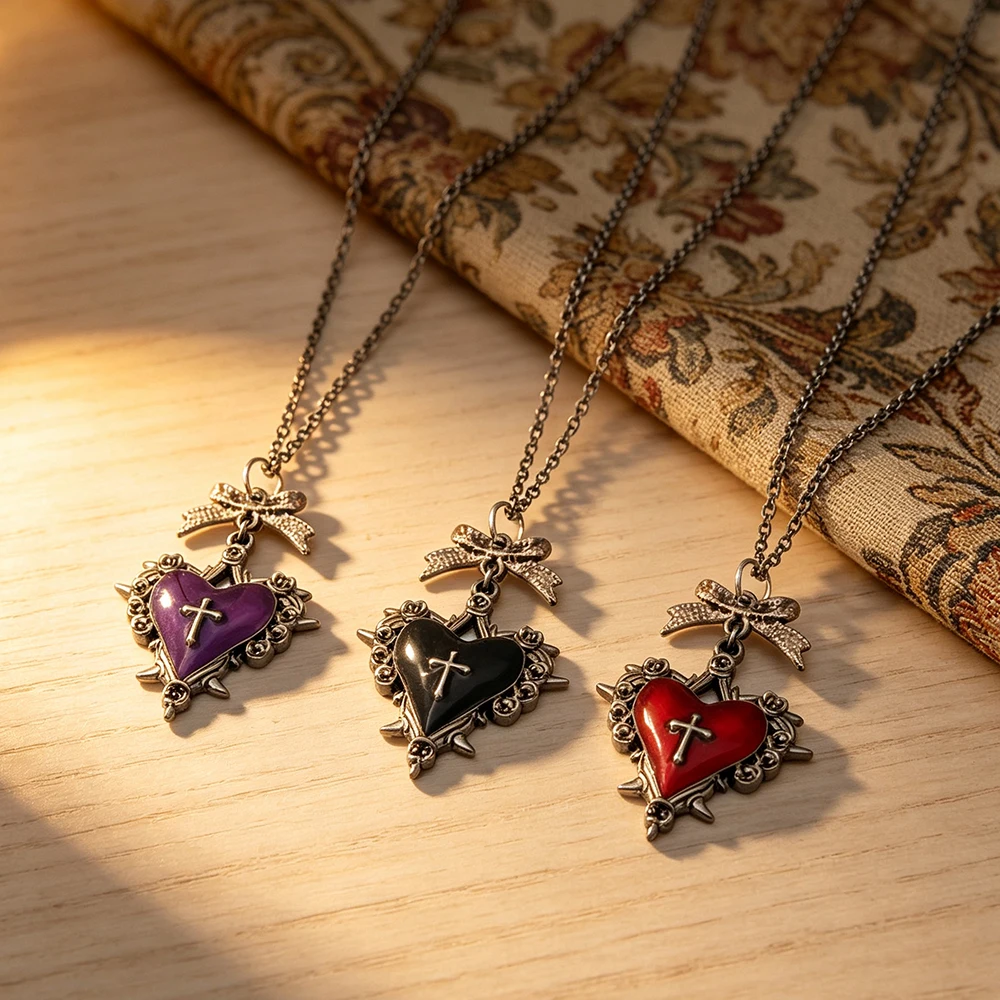 Gothic Style Thorn Heart Cross Necklace, Vintage Distressed Bow Pendant, Y2K Hot Girl Ins Style Versatile Accessory