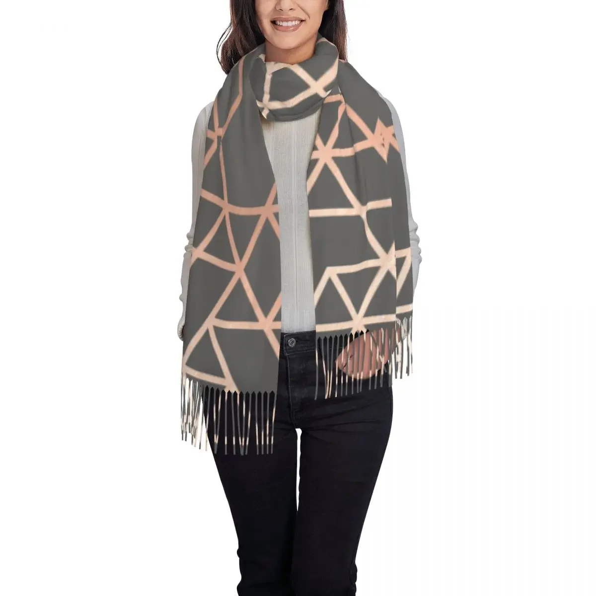 Fashion Rose Gold And Gray Geometric Pattern Tassel Scarf Women Winter Fall Warm Shawls Wraps Female Abstract Scarves