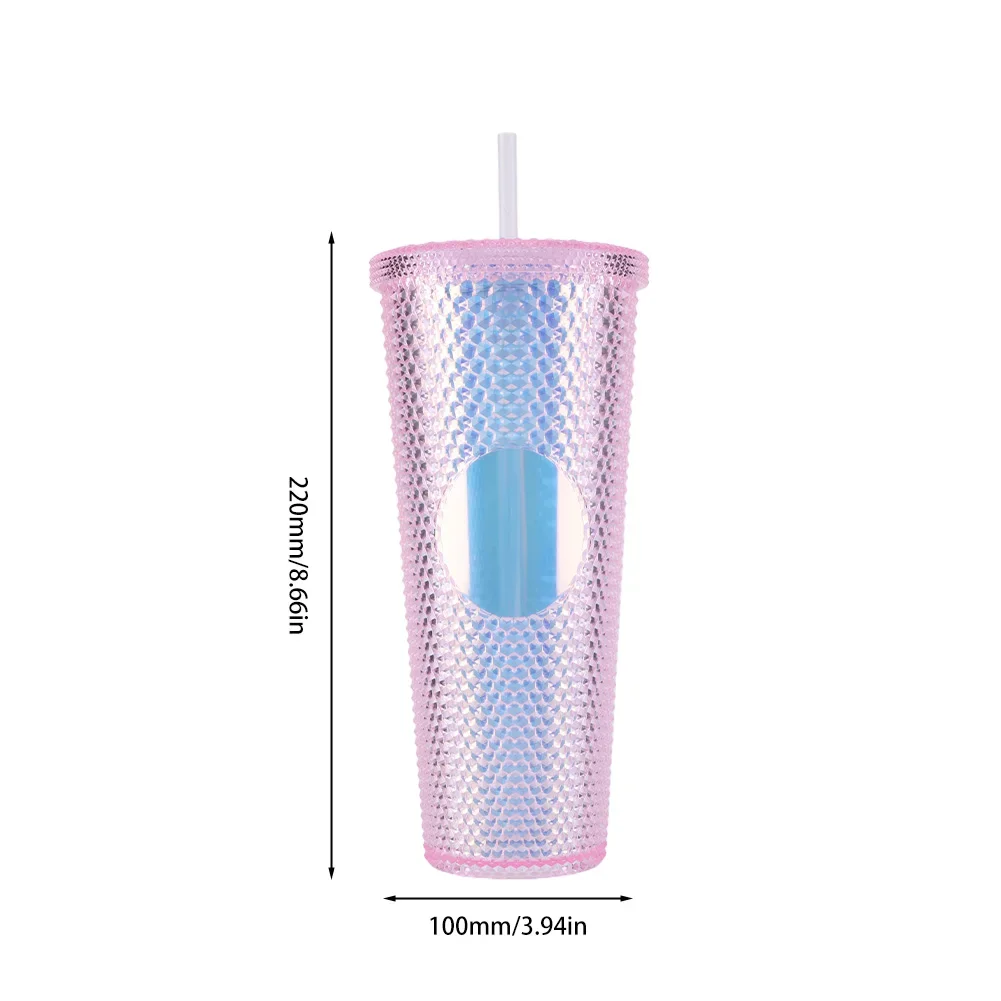 710ml Straw Cup with Lid Studded Finish Double Wall Coffee Mugs Plastic Studded Durian Tumblers Cold Bling Cup Customized