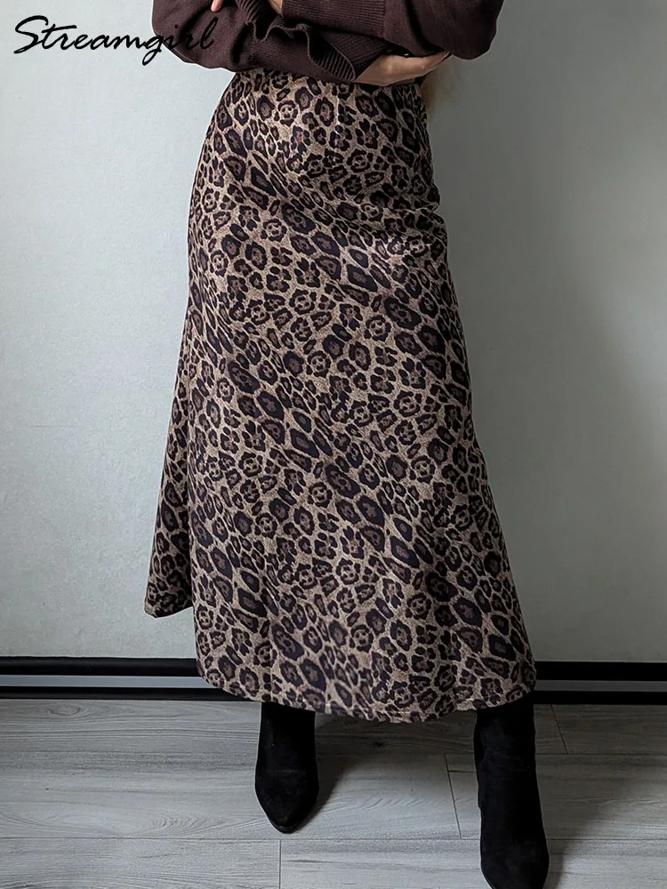 Inverno leopardo impressão camurça saia longa feminina outono vintage uma linha marrom maxi saias para mulheres inverno quente camurça leopardo saias