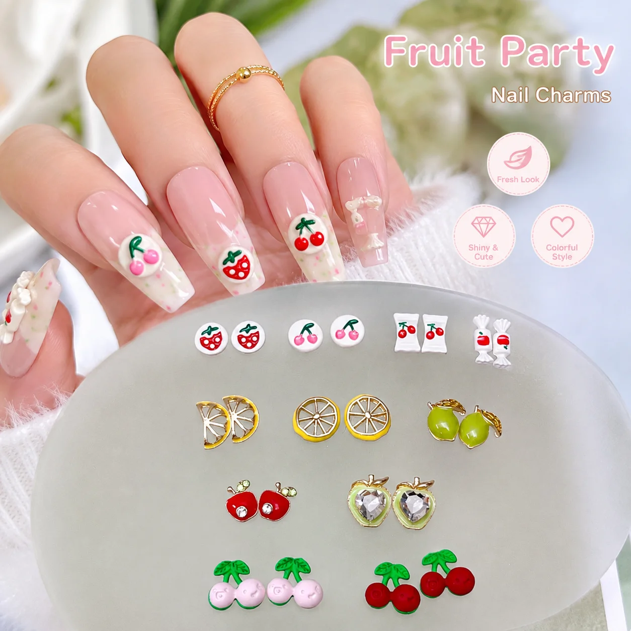 10pcs Cute 3D Fruit Nail Charms Cherry Strawberry Apple Lemon Art Decorations Kawaii Metal Rhinestone DIY Manicure Accessories