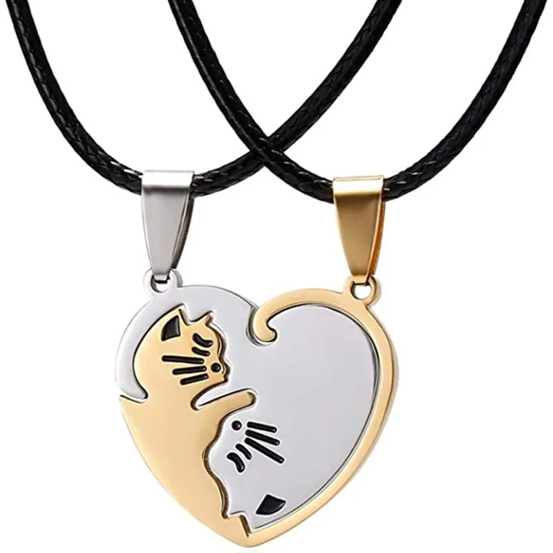 Couple Heart Necklace Cute Cartoon Cat Pendant Necklace Simple Color Black Animal Necklace Jewelry Gift For Girl Boys Wholesale