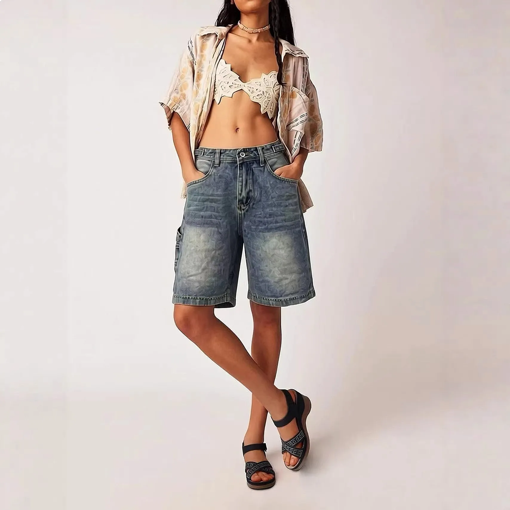 European and American cross-border source factory retro loose casual old trend straight seven-point women's jeans