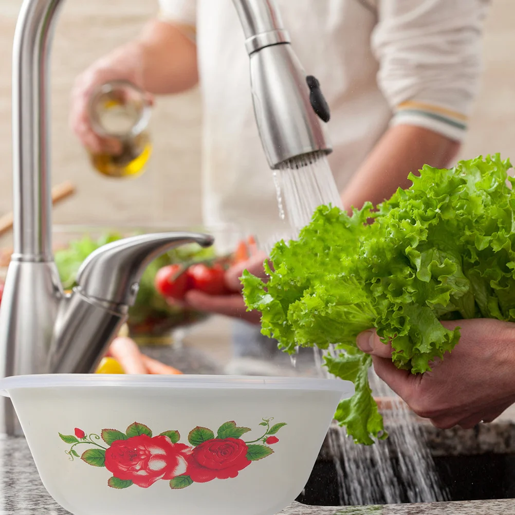 

1Pcs Retro Iron Enamel Preservation Bowl Creative Curling Edge Thick Bottom Stable Serving Food Storage Bowl with Lid Beige