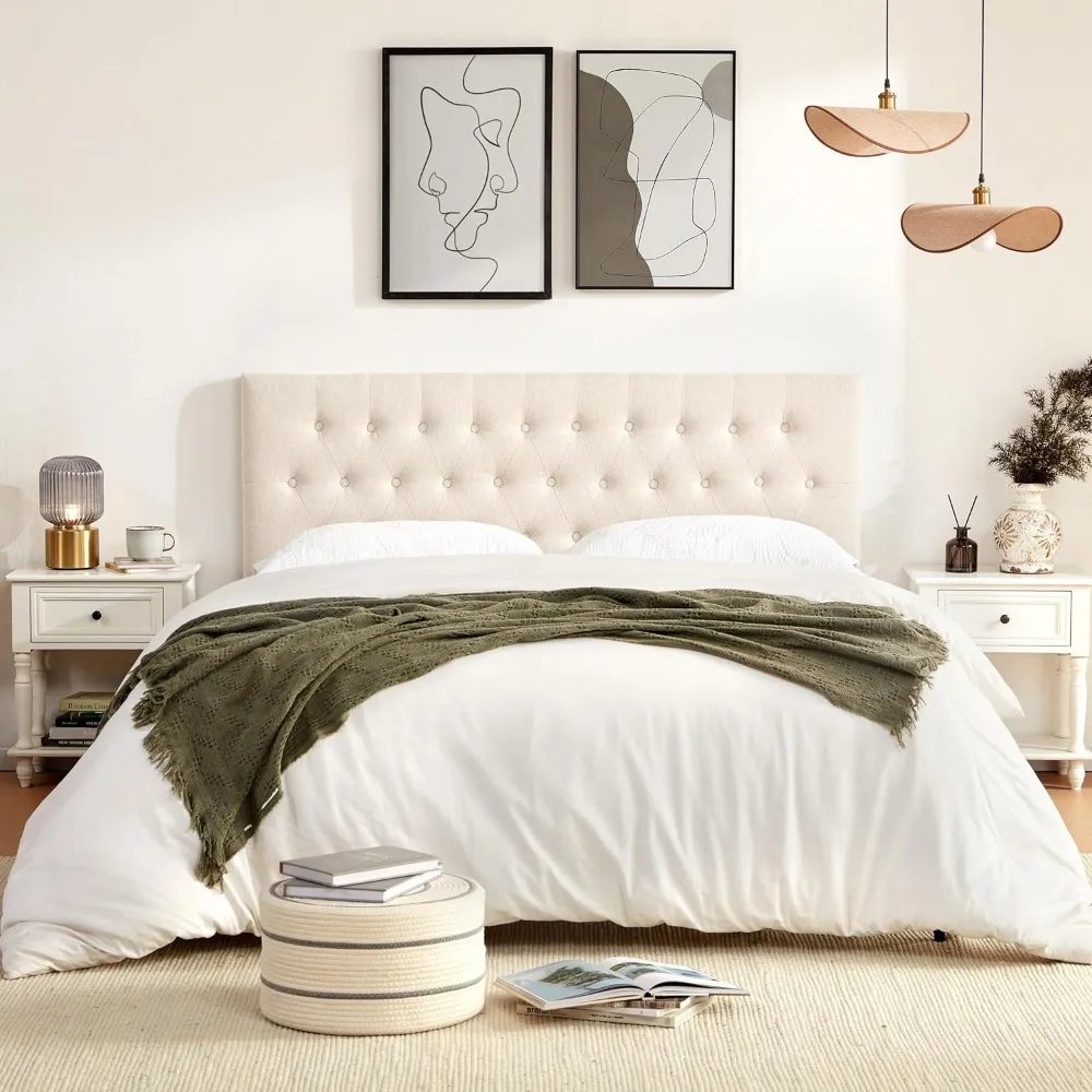 لوح رأسي منجد معنقدة بحجم XL بالكامل، خشب متين بأرجل معدنية، لوح رأسي بارتفاع قابل للتعديل لأسرة XL كاملة