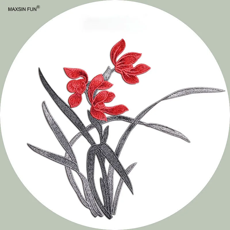 

1 шт. 24*20 см синие чернила Розовый Зеленый Красный Cymbidium вышивка модная аппликация Пришивание нашивка для вечернего платья Сделай Сам без клея