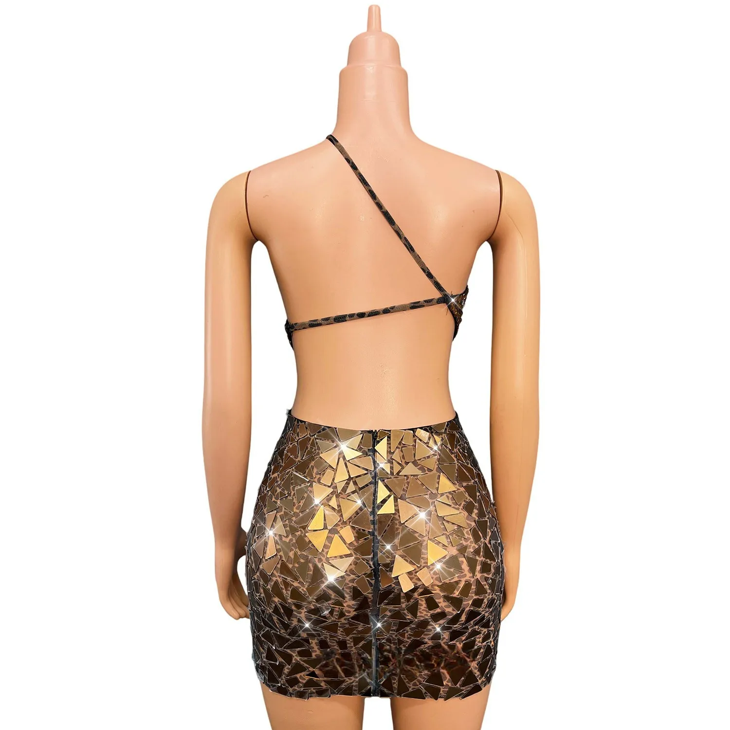 Women Sexy Daring Dress One Shoulder Cut Out Diamonds Plexiglass Petal Stick Mesh Bodycon Mini High Stretchable Showgirl Dress