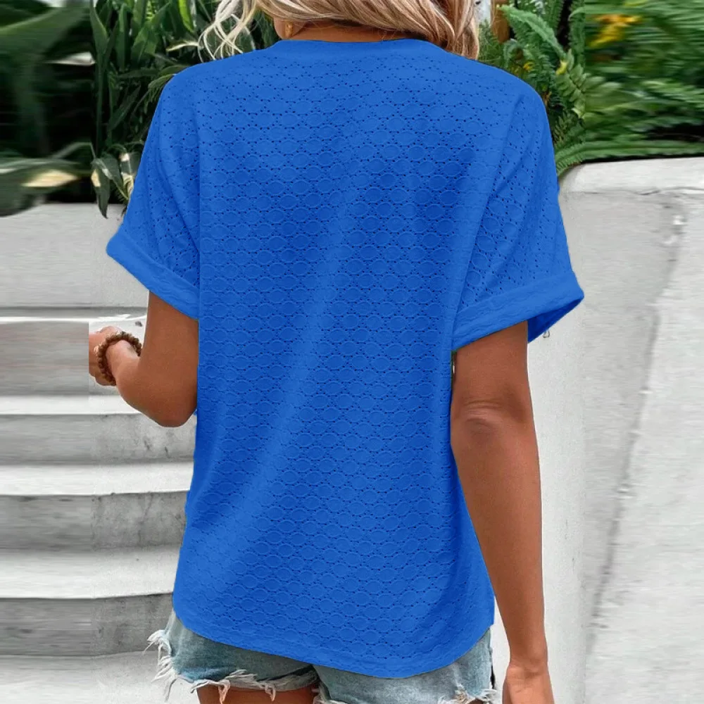 Summer Womens V Neck Short Sleeve T Shirt Casual Loose Button Detail Solid Color Soft Knit Tee Fashion Daily Blouse