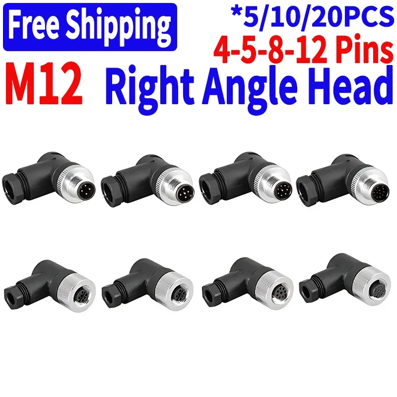 

5/10/20 PCS M12 Elbow Right Angle 4/5/8/12Pin Sensor Connector Male&Female Aviation Plug&Socket Screw Threaded Coupling Type A