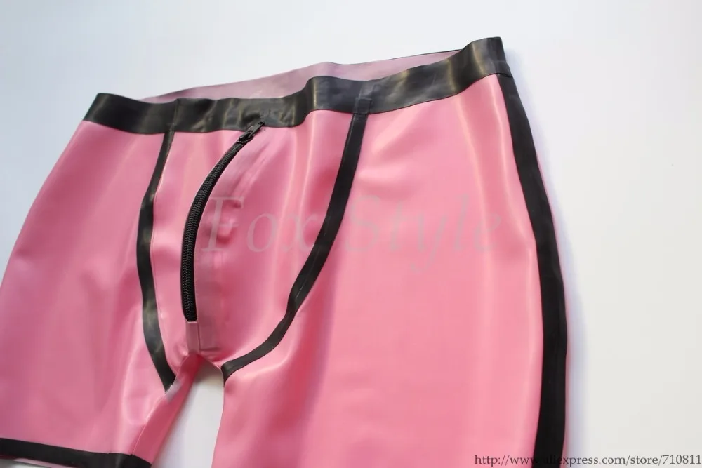 Latex rubber shorts with front zip in Metallic pink and black trim free shipping