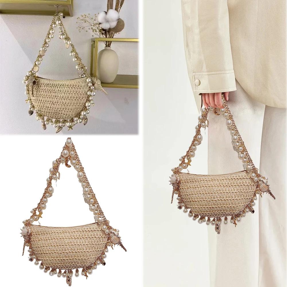 

Women Elegant Straw Shoulder Bag with Pearl Chain Trendy Beaded Shoulder Bag Shiny Pearl Clutch Bag Commute Party Shoulder Bag