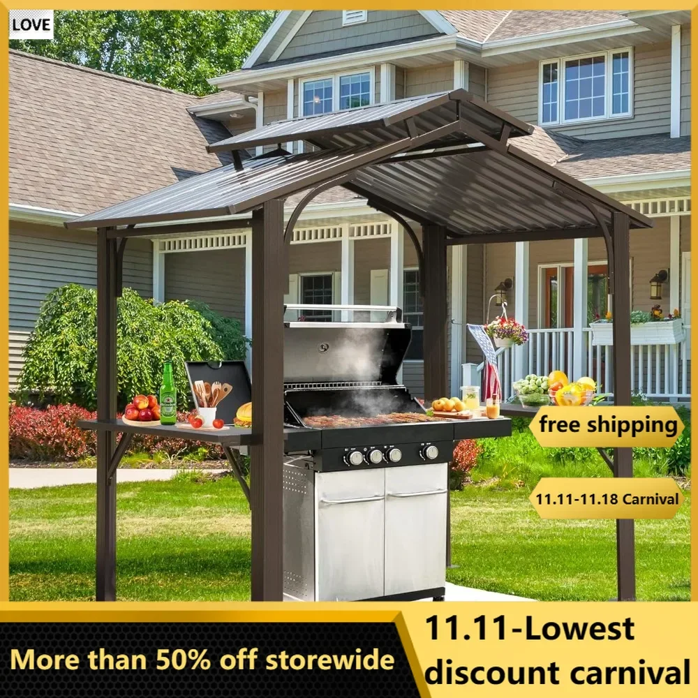 8×5 FT Hardtop Grill Gazebo, Outdoor BBQ Gazebo with Galvanized Steel Double Roof, Permanent Sun Shade Grill Canopy Shelter