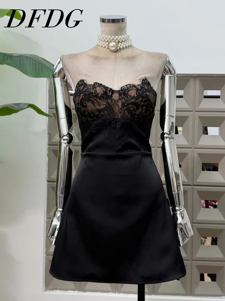 

DFDG женское платье без бретелек весна-лето 2025, элегантное платье с атласной кружевной отделкой, уникальный дизайн, сексуальное шикарное вечернее платье для взрослых