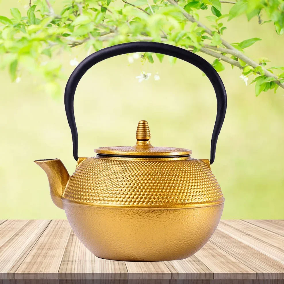 1.2L Cast Iron Kettle Golden Raindrop Iron Teapot Large Capacity Boiling Kettle Handle Pot Japanese-Style Health Teapot