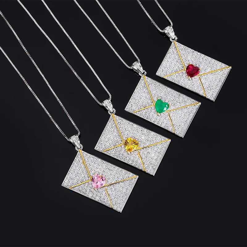 genuine Luxury brand real jewels New niche design creative rectangular necklace fashionable versatile full diamond envelope pend