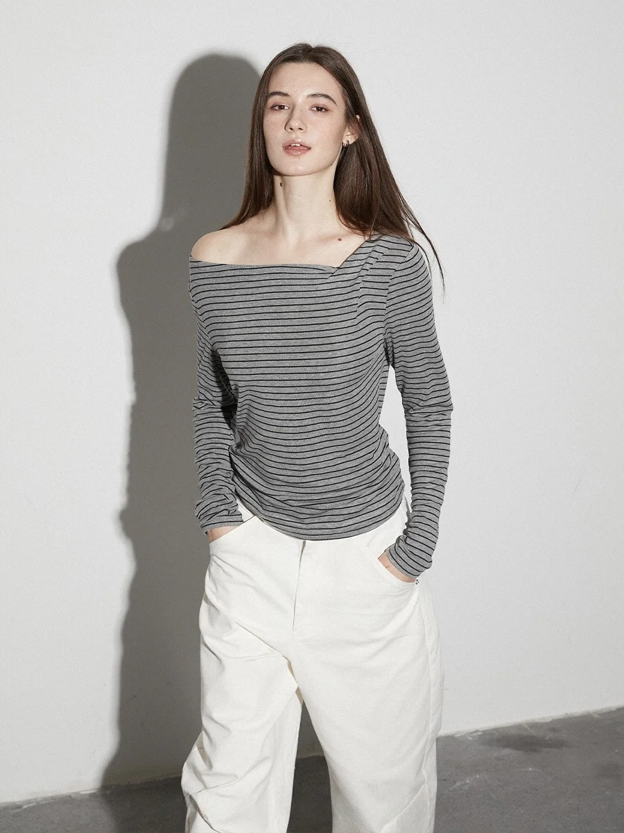 

Wonder Cotton Blend Long Sve Knitted Top Asymmetrical Left oulder Pleated Design Pure Cotton Asymmetrical Collar T-irt