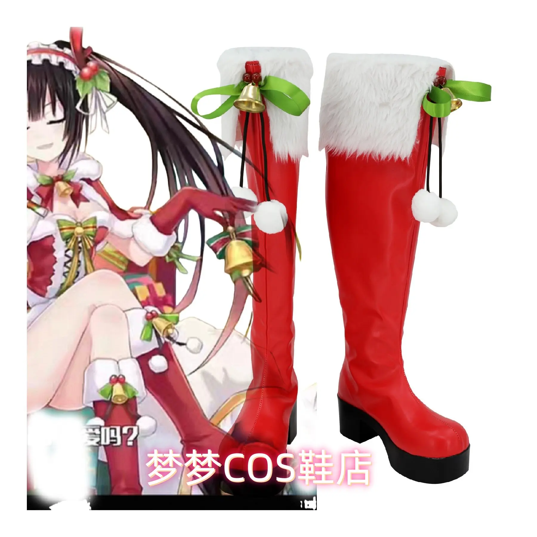 Date A Live Kurumi Tokisaki Cosplay Shoes Christmas Kurumi Red bell Boots Halloween Costume Accessory Prop