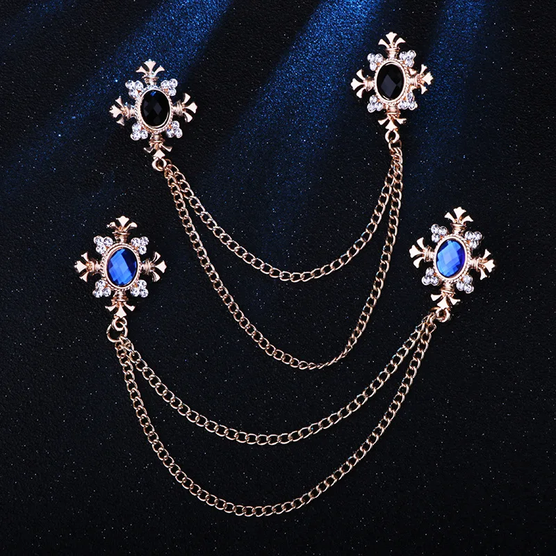 Fashion Tassel Crystal Cross Chain Brooch Men\'s Shirt Collar Pins and Brooches Personality Lapel Pin Buckle Women Accessories