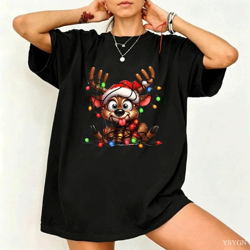 Women Cute Reindeer Christmas Lights Graphic T‑Shirt Funny Santa Hat Deer Printed Short Sleeve Tops Xmas Holiday Casual Tees