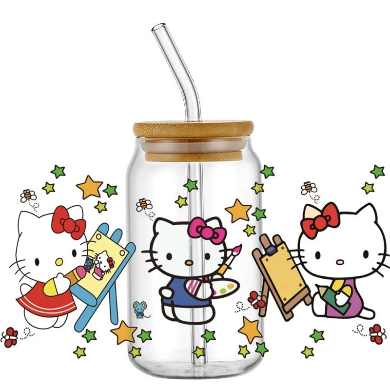 2024 New design Kitty Amusement park Series UV DTF Cup Wrap Transfer Waterproof Stickers for 16OZ Glass Can