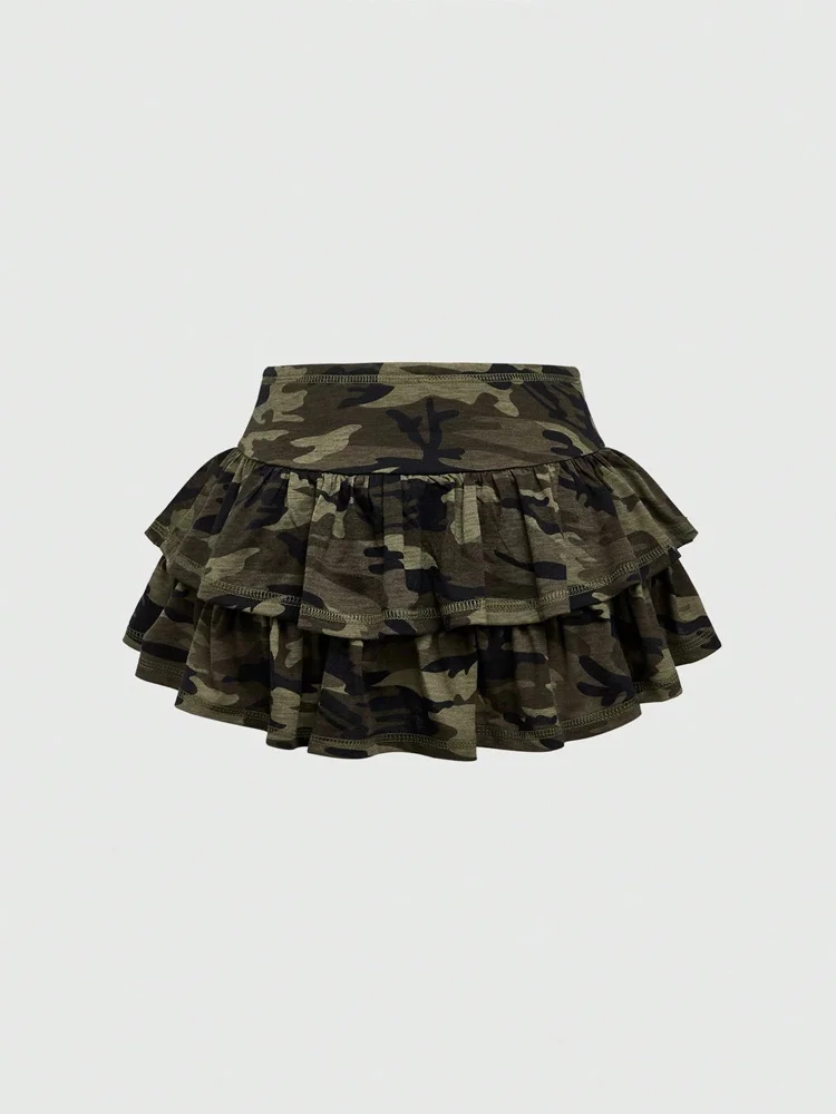 Summer Hot Girl Y2K Camouflage Sweet Cool Double-Layer Pleated Short Skirt Letter Ins Rhinestone High Waist Women's A-Line Skirt