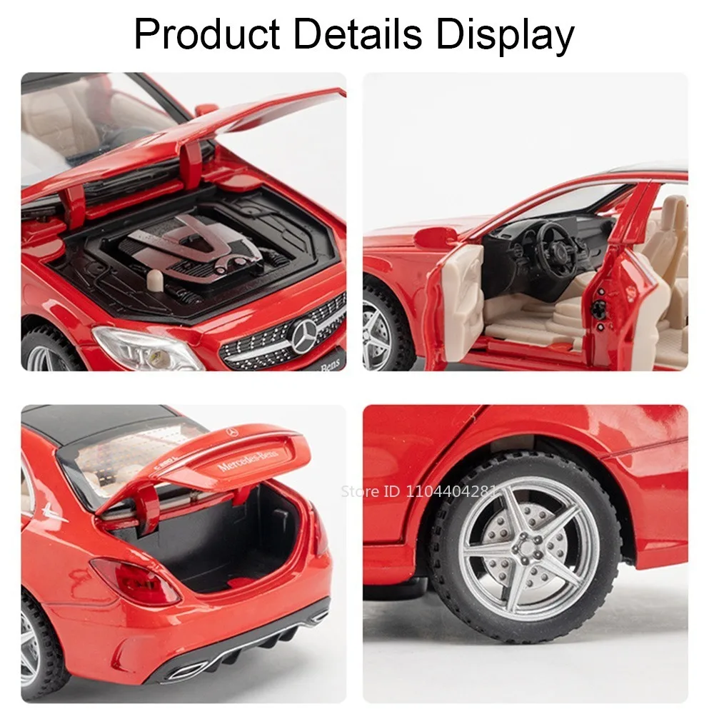 1:32 C260L E300L Legierungsdruckguss-Modell, Spielzeugauto, 6 Türen, geöffnet, Ton, Licht, zurückziehbare Gummireifen, Miniaturfahrzeug für Kinder – Detail 5