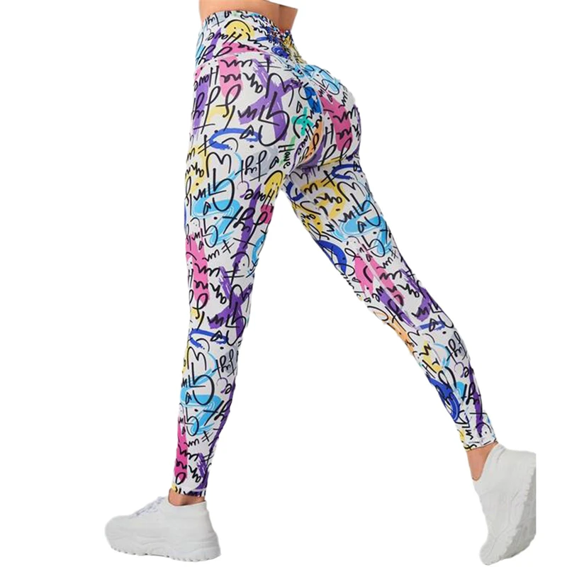 Leggings da donna Push Up pantaloni femminili Sporty Mujer Sexy Graffiti Leggins a vita alta stampa Yoga Scrunch Butt leggings donna per palestra