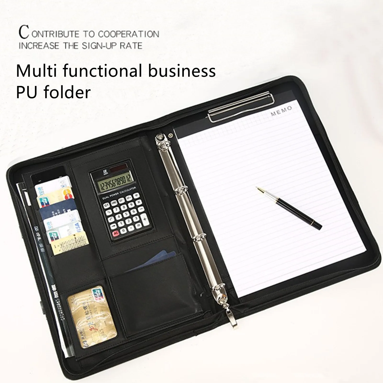 Portable Zipper Handheld Briefcase Bag A4 Office Manager's Business PU Folder Loose Leaf Binder 12 Digit Calculator Card Handbag