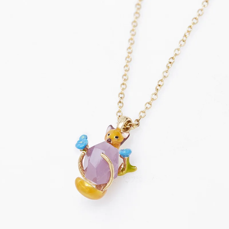 

Trendy Niche Design Coloured Glazed Cartoon Fox Purple Gemstone Stone Blue Flower Pendant Necklace for Women Cute Gift for Girls