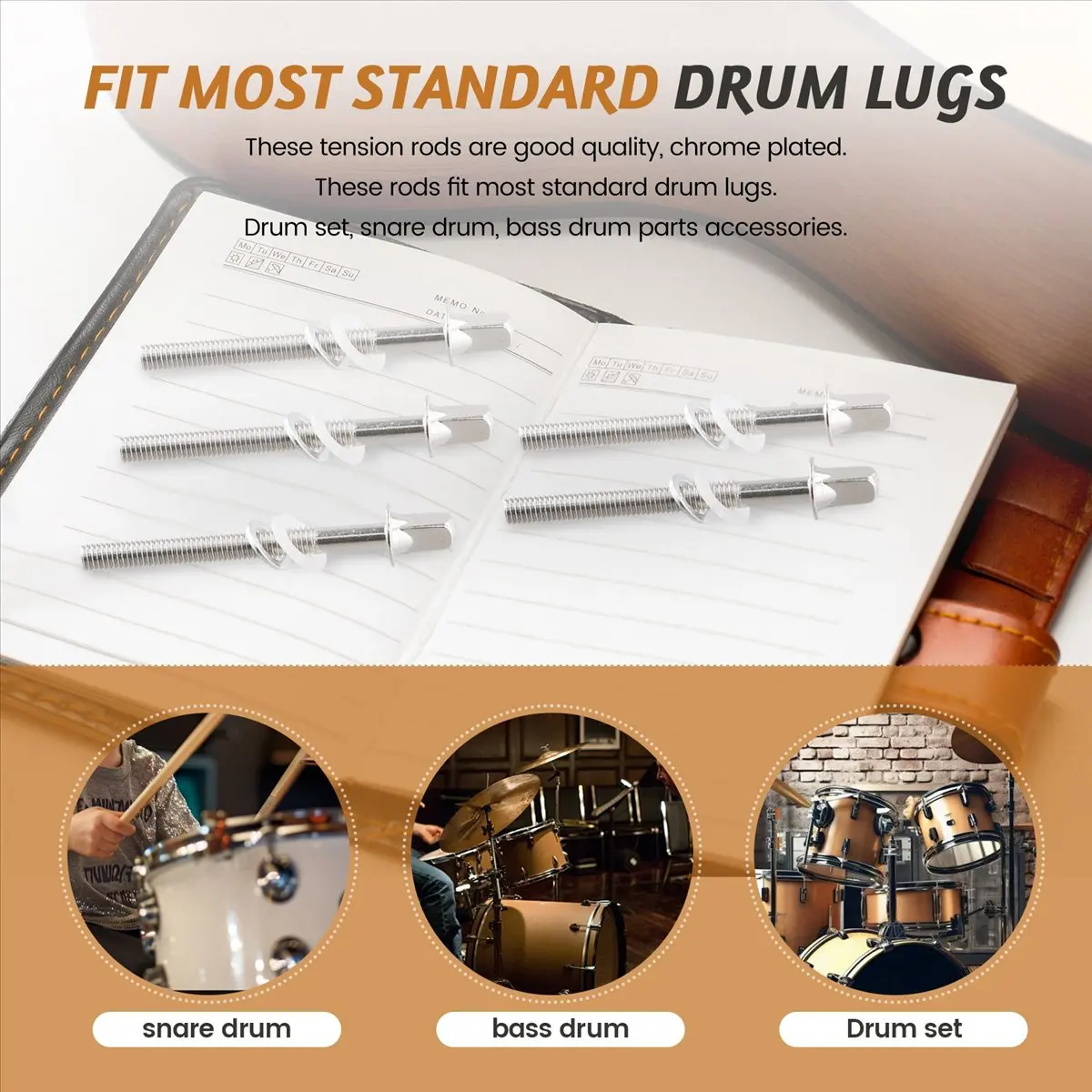 A50U 12pcs Drum Tension Rods Tension Screws Drum Screws Set Snare Drum Accessories Drum Hardware M5x50MM
