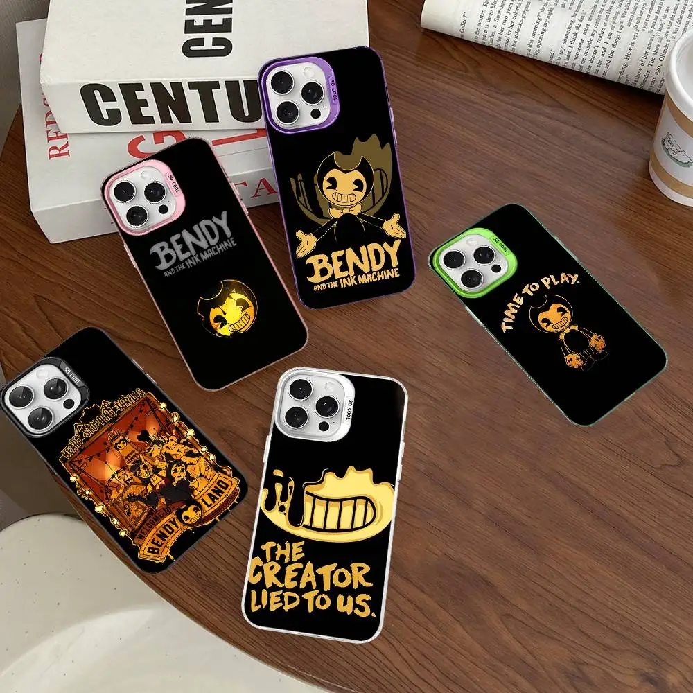 Funda para Teléfono con Diseño Clásico del Juego B-Bendy And The I-Ink M-Machine para iPhone 17 16 15 14 11 12 13 Pro Max Plus Pro, Color Plateado