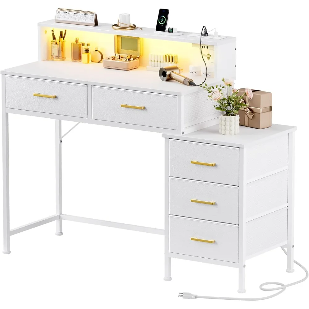

47.2" Modern Vanity Desk No Mirror with 5 Fabric Drawers, Built-in Charging Station, Compact Makeup Dressing Table for Bedroom