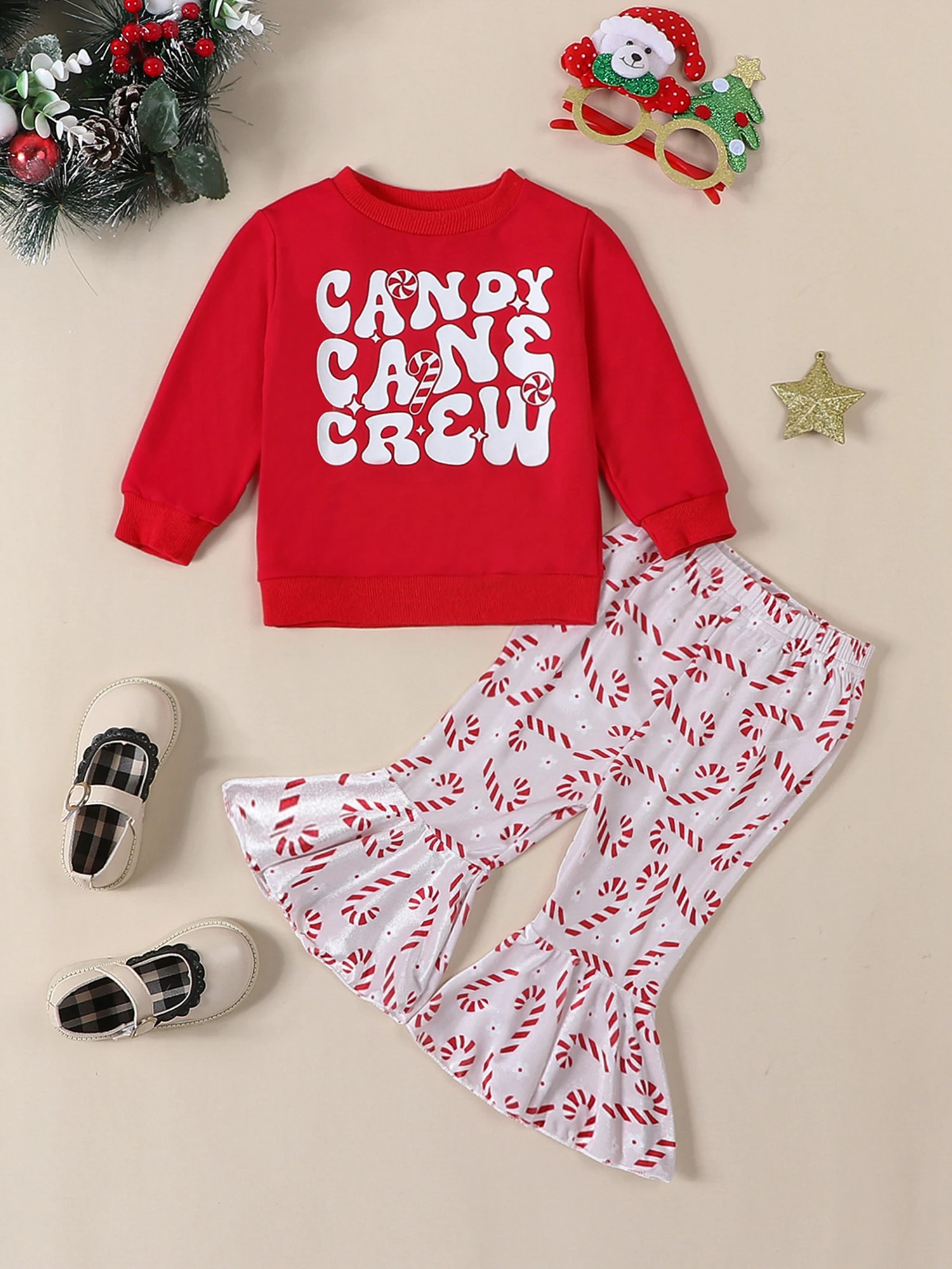 Girls 2-Piece Christmas Outfit Set with Reindeer Print Long Sleeve Top and Snowflake Print Leggings - Festive Holiday Clothes