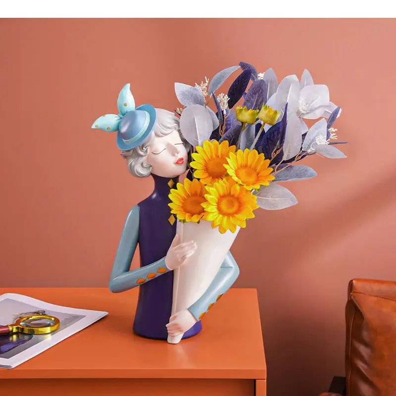 Modern Girl Figures Vases Desk Decoration Ornaments Cartoon Bow-knot Ears Cute Character Resins Flower Arrangement