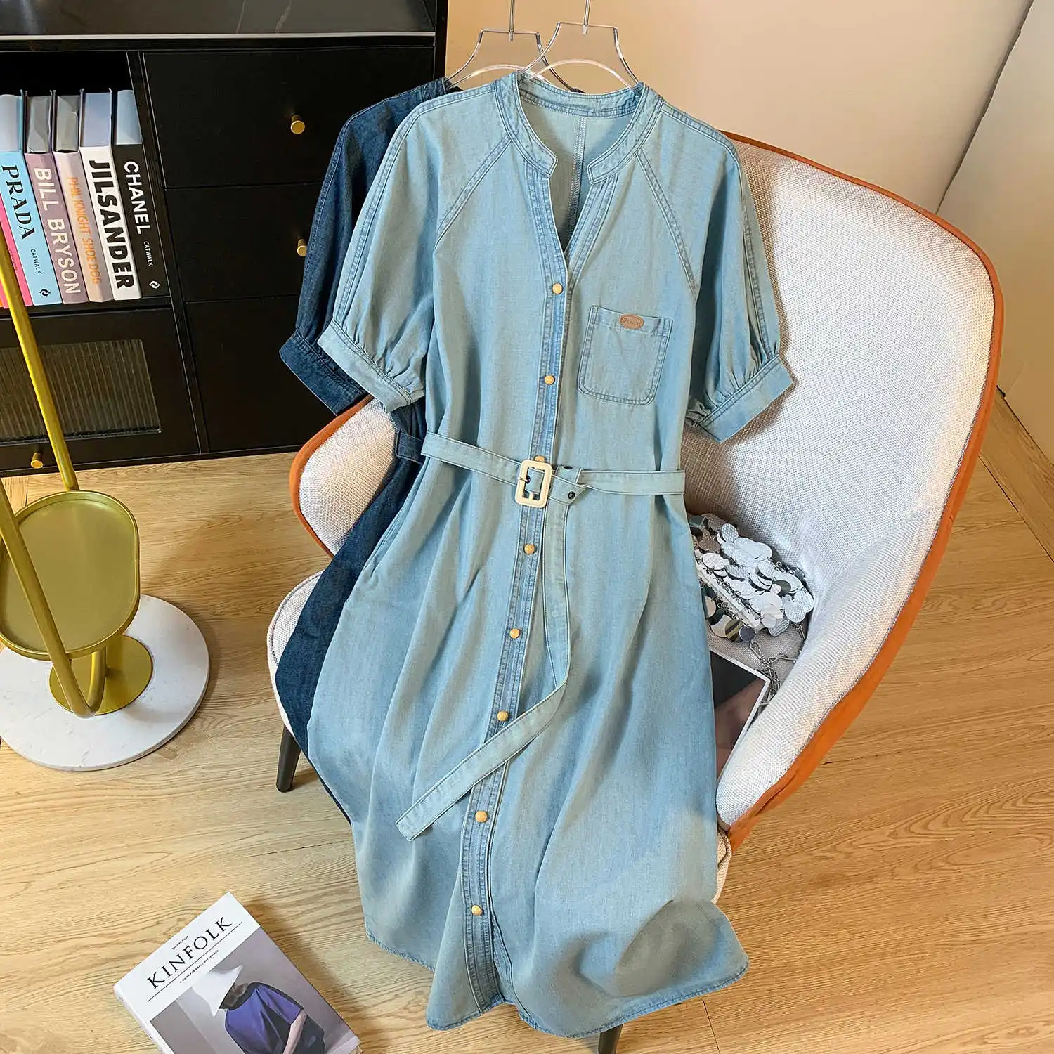 

Fashion V-neck Denim Dress For Women Summer Solid Color Ankle Length Dresses Daily Commuting All Match Straight Dress