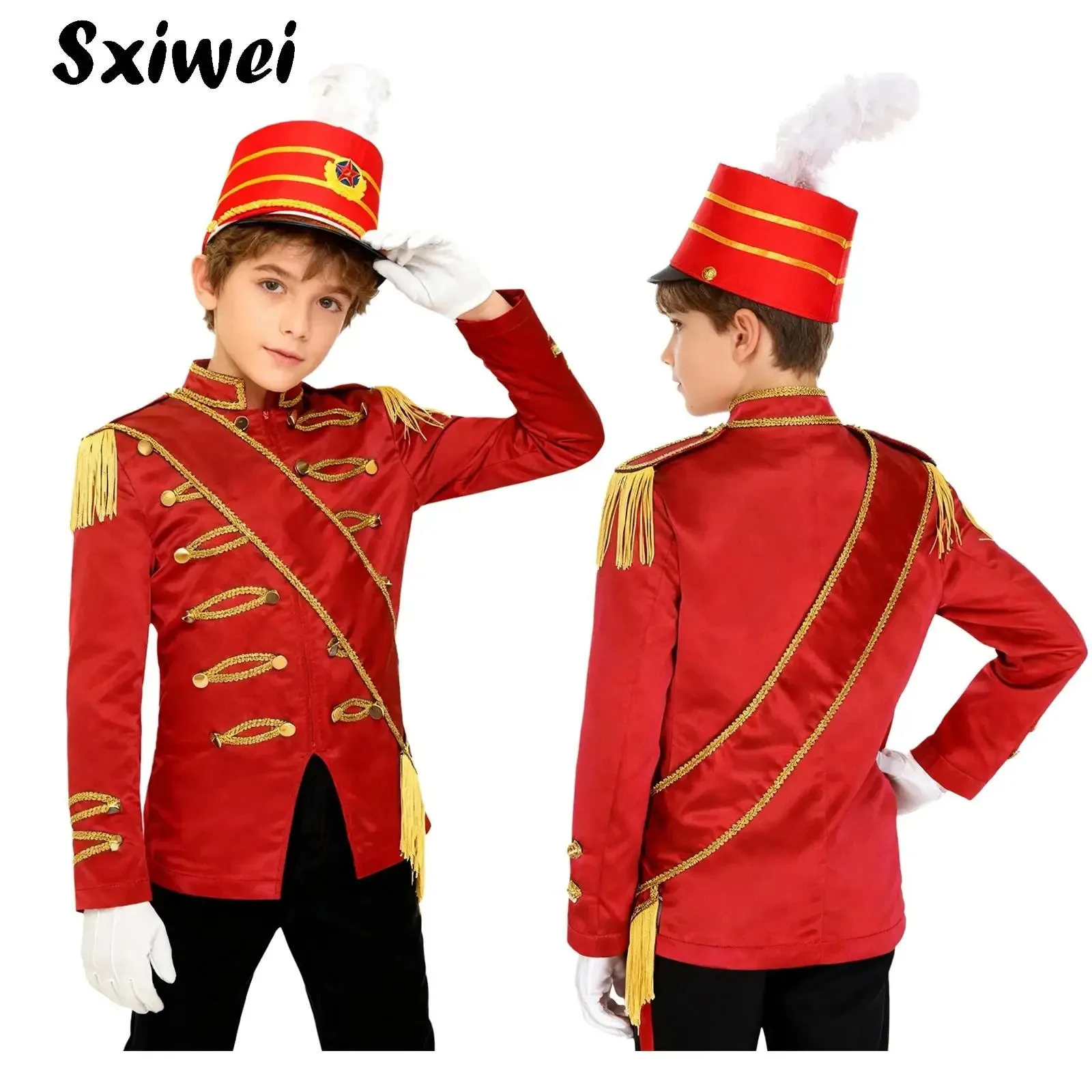 

Boys Drum Major Team Uniform Nutcrackers Costume Set Marching Band Tassel Jacket Coat Sash Hat Glove Outfit Halloween Ringmaster