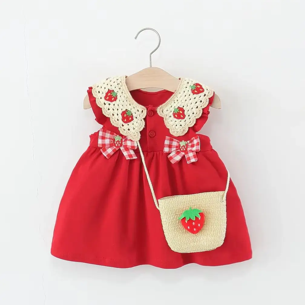 Baby Girl Bow Red Strawberry Dress Summer Element Knit Doll Collar Sleeveless Dress Baby Girl Dress with Bag