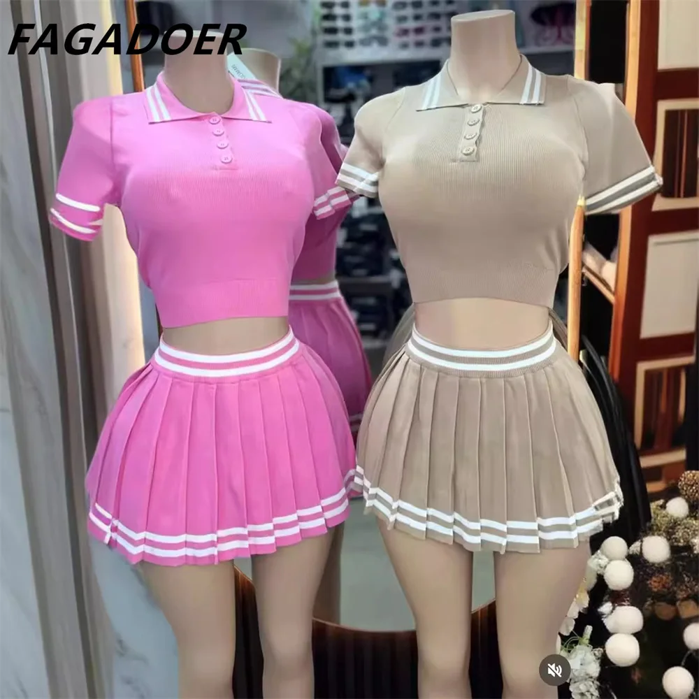 FAGADOER Fashion Academic Style Stripe Splicing Pleated Mini Skirts Two Piece Sets Women V Neck Short Sleeve Top+Skirts Outfits