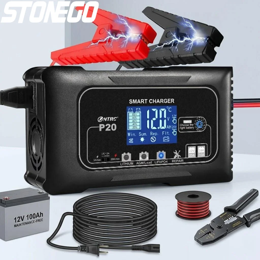 

12V 24V LCD Display Battery Charger for ATV Motorcycle Pulse Repair AGM Gel Lead Acid Lithium Batteries