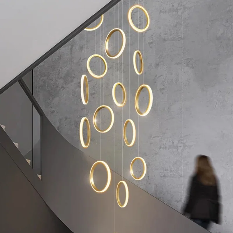 LED Staircase Chandeliers Ring Pendant Lamp Long Adjustable Hanging Cables Gold/Black for Home Dining room Living room Fixtures