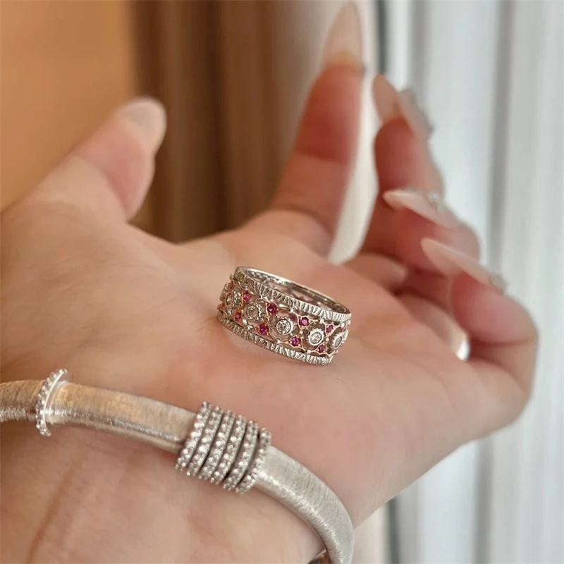 French Retro Pink Crystal Lace Hollow Adjustable Ring for Women Fashion Exquisite Knot Ring Jewelry Accessories Wholesale