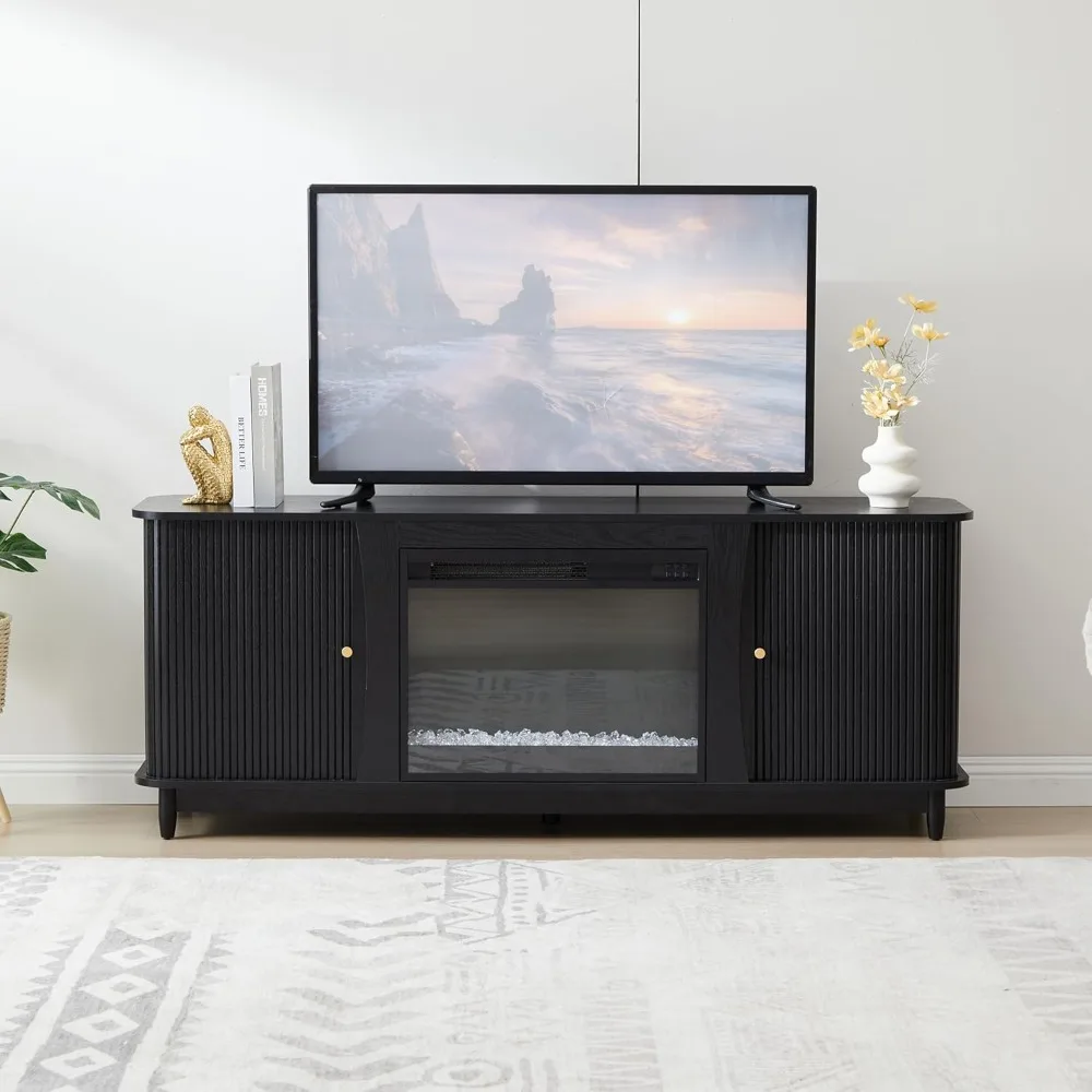 

TV Stand, Fluted TV Stand with Storage and Sliding Door, Farmhouse Entertainment Center Media Console Table