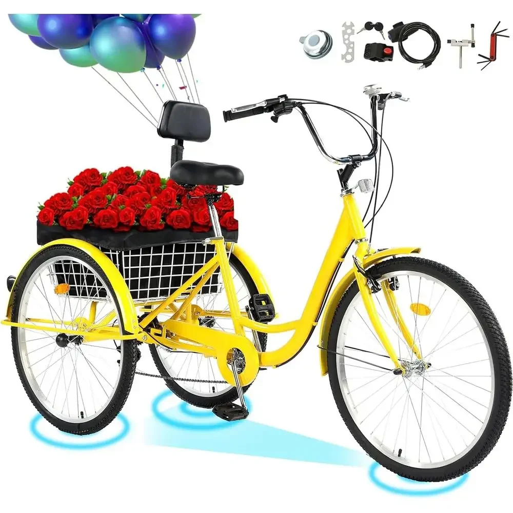 

24-26 Inch 7-Speed Adult Tricycle, Unisex Cruise Trike with Adjustable Seat and Basket, Multi-Color Options