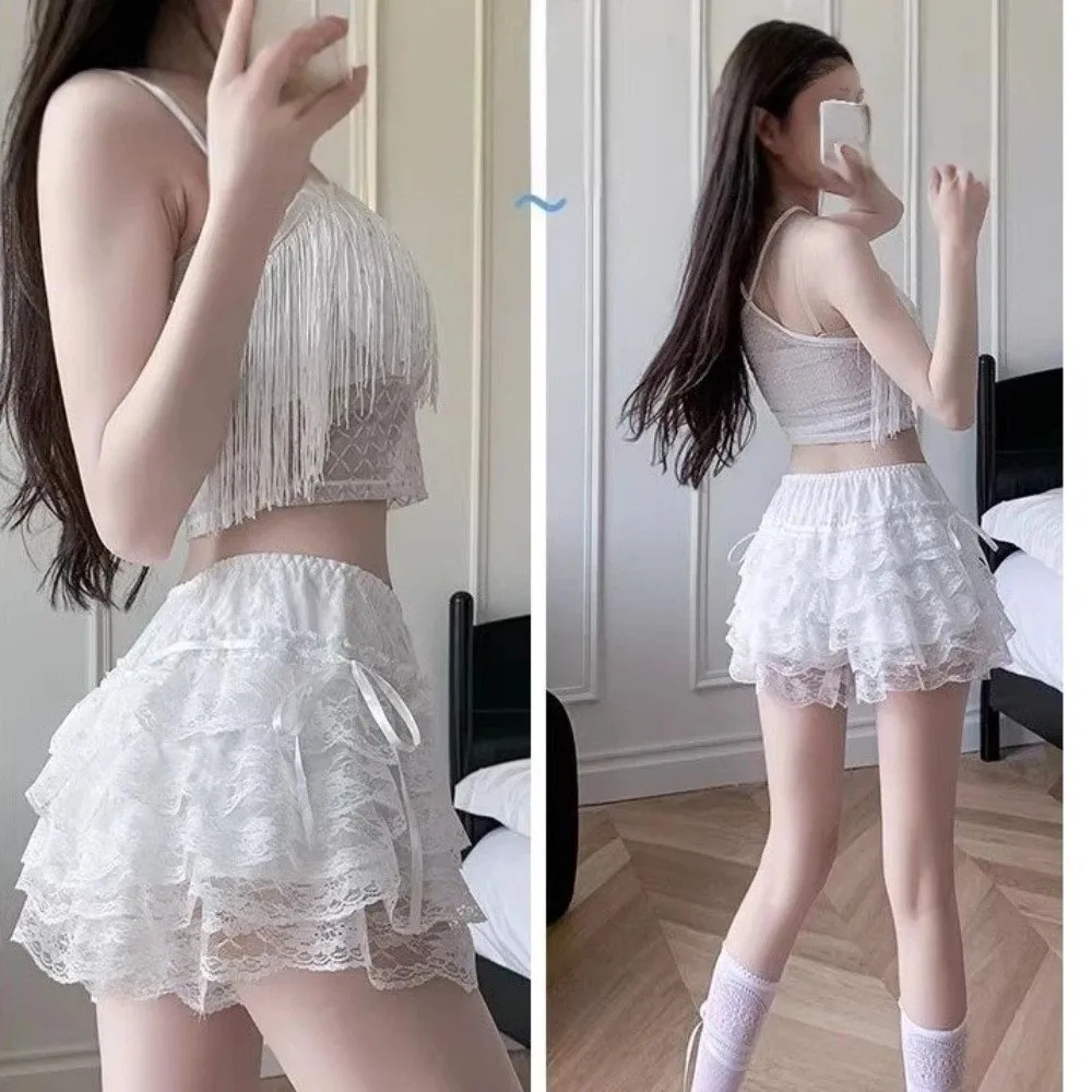Sweet Lace-up Lace Flower Shorts Drawstring Summer Lace Skirt Support Pants Lolita Style Layered Ruffle Shorts Outerwear