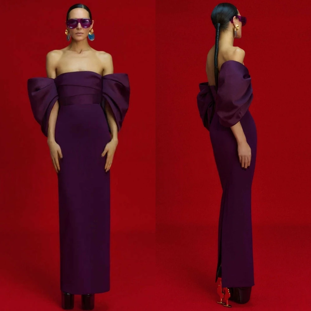 

Customized Simple Purple Jersey Evening Dress Formal Boat Neck Short Sleeves Prom Dresses Classic Straight Backless Party Dress