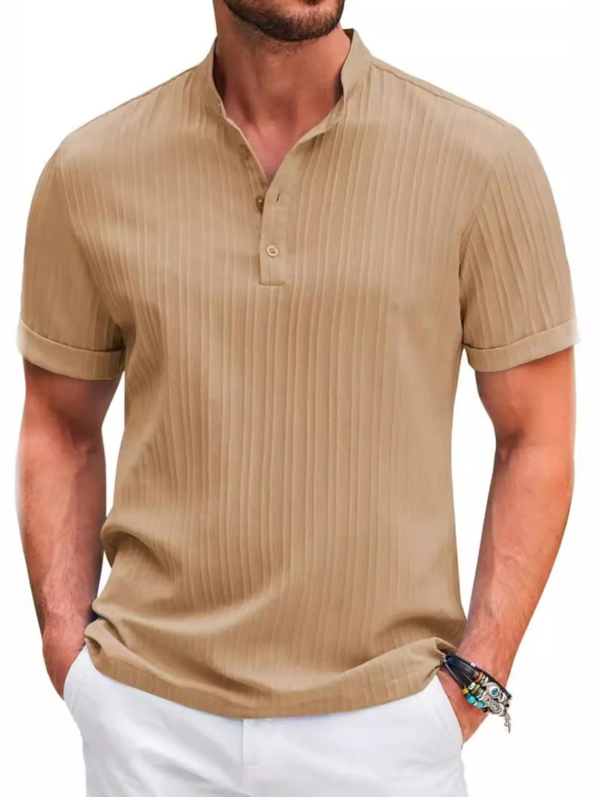 

Men's Summer Casual Loose Fit Stripe Henry irt ort Sve Stand Collar Vintage Sle Thin Fabric Youth Faion AOWOFS